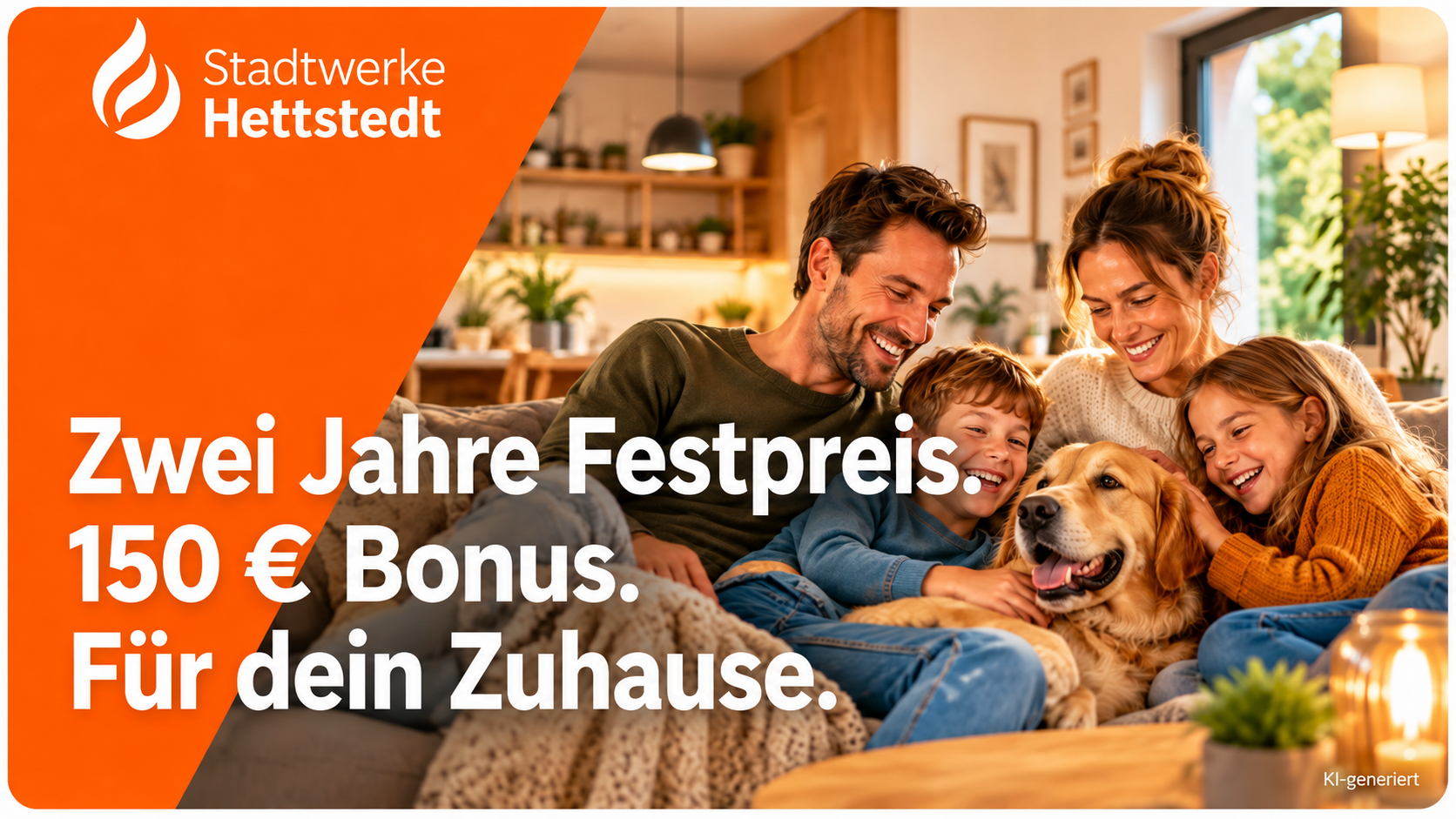 KupferStrom fest 28 – Bildmotiv Familie im Wohnzimmer mit dem Slogan Dein Strom. Dein Zuhause. Dein Tarif.