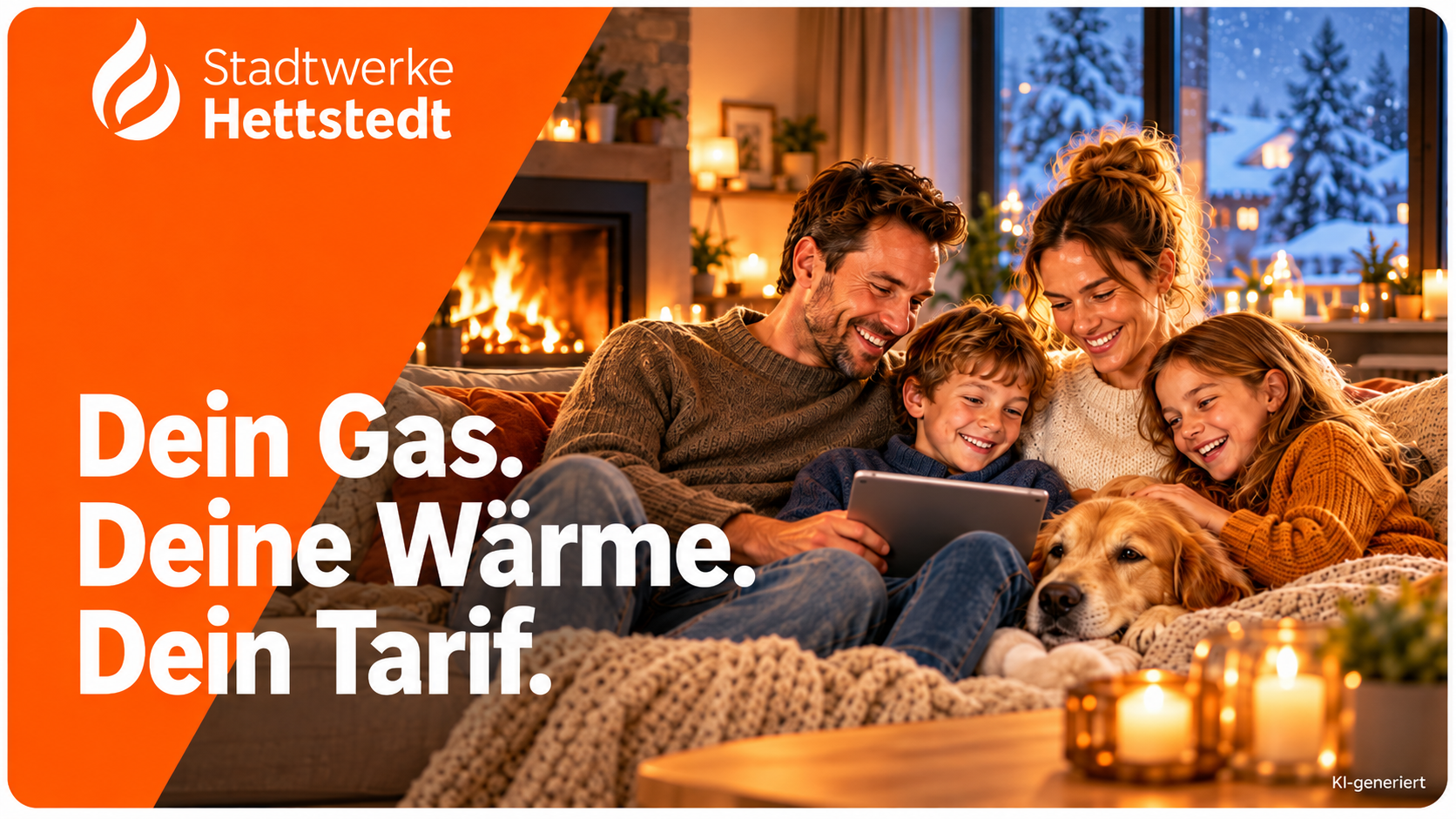 KupferGas fest 28 – Bildmotiv gemütliches Zuhause mit dem Slogan Dein Gas. Deine Wärme. Dein Tarif.